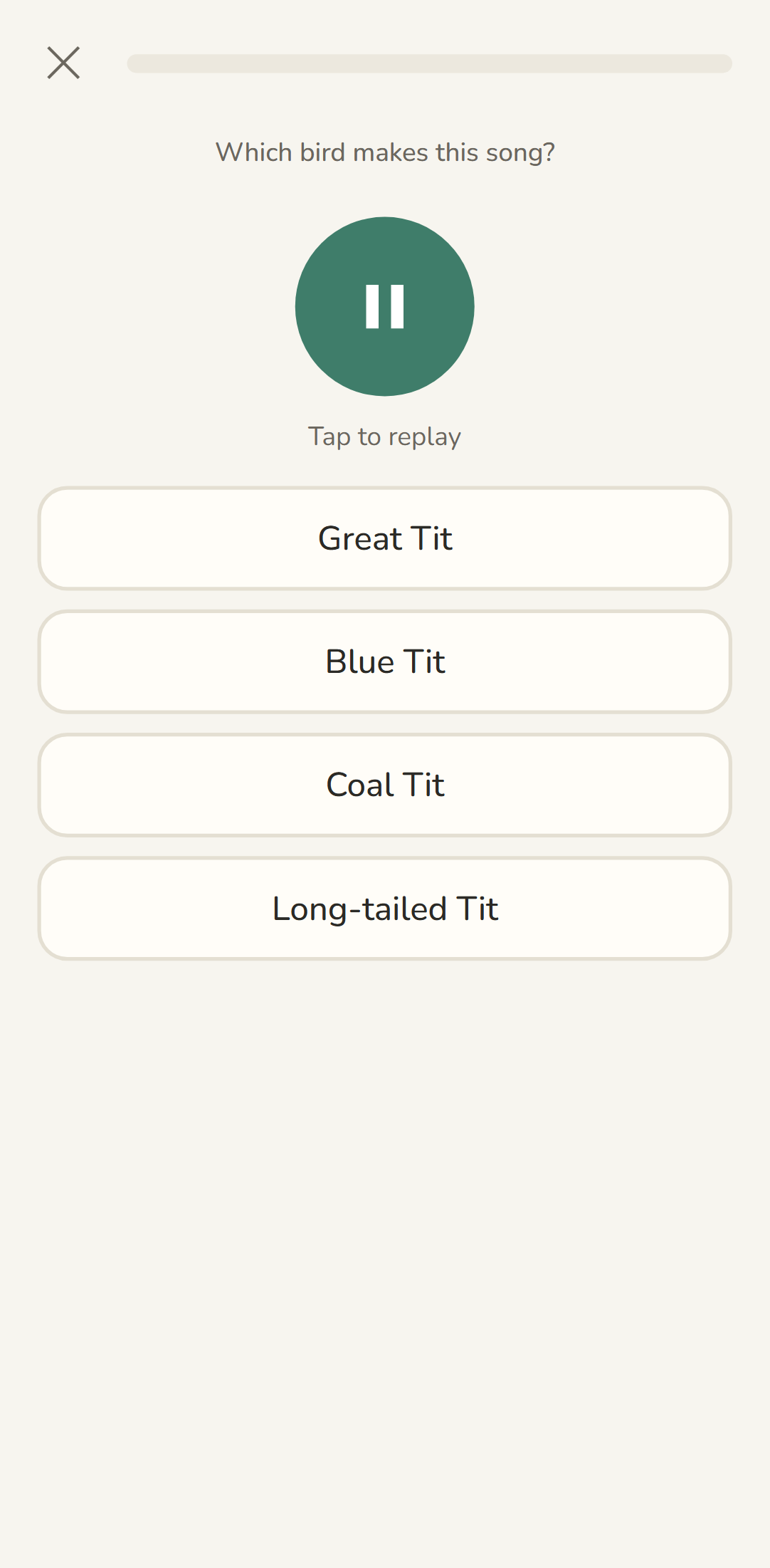 Learn Birds quiz: which bird makes this song, with a play button and name options